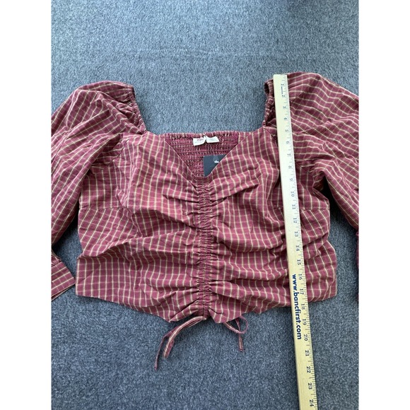 Levis Shirt Womens 1X Dark Red Plaid Shirred Cropped‎ Front Tie Smocked Top New - Picture 3 of 16